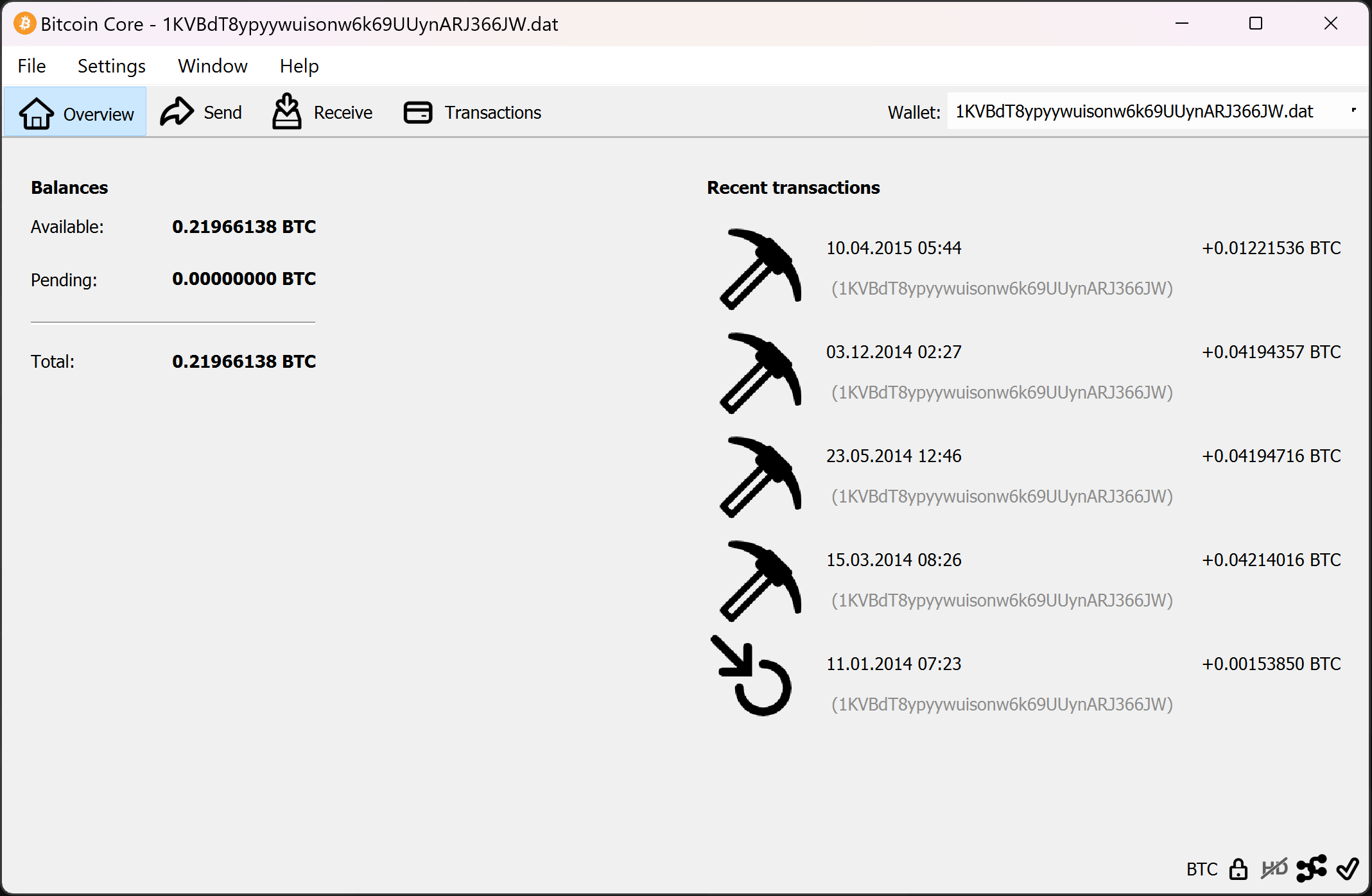 screenshot wallet.dat 0.219BTC bitcoin-qt