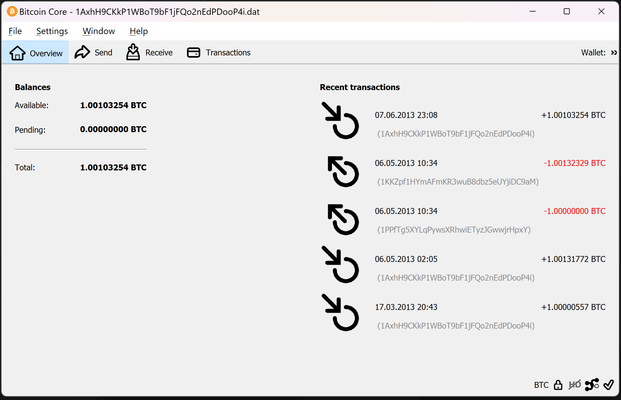 screenshot wallet.dat 1.001BTC bitcoin-qt