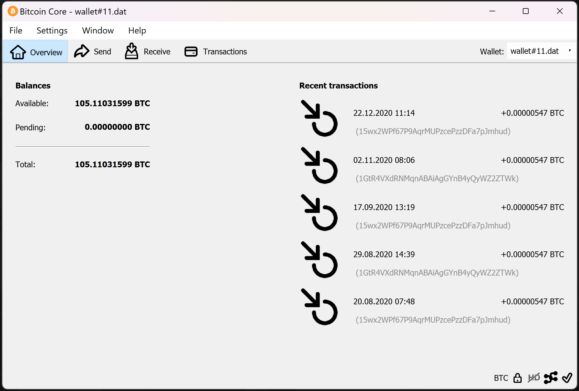 screenshot wallet.dat 105.11BTC bitcoin-qt