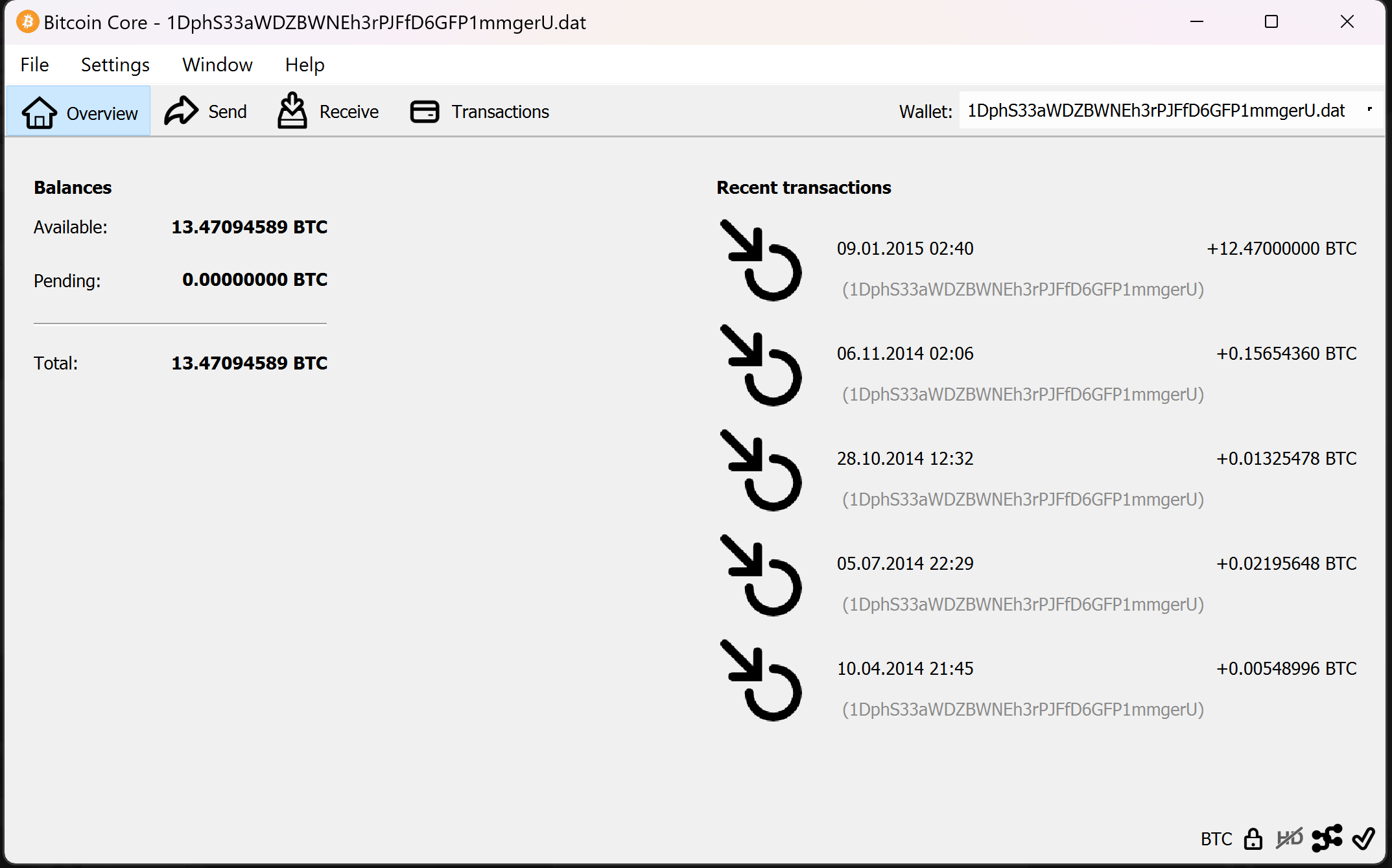 screenshot wallet.dat 13.47BTC bitcoin-qt