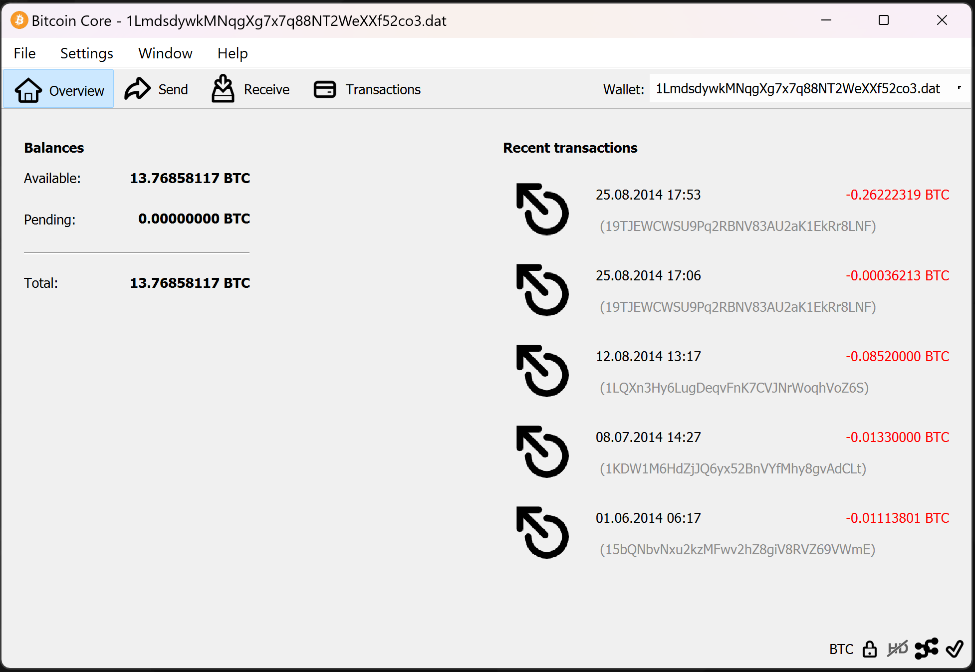 screenshot wallet.dat 13.76BTC bitcoin-qt