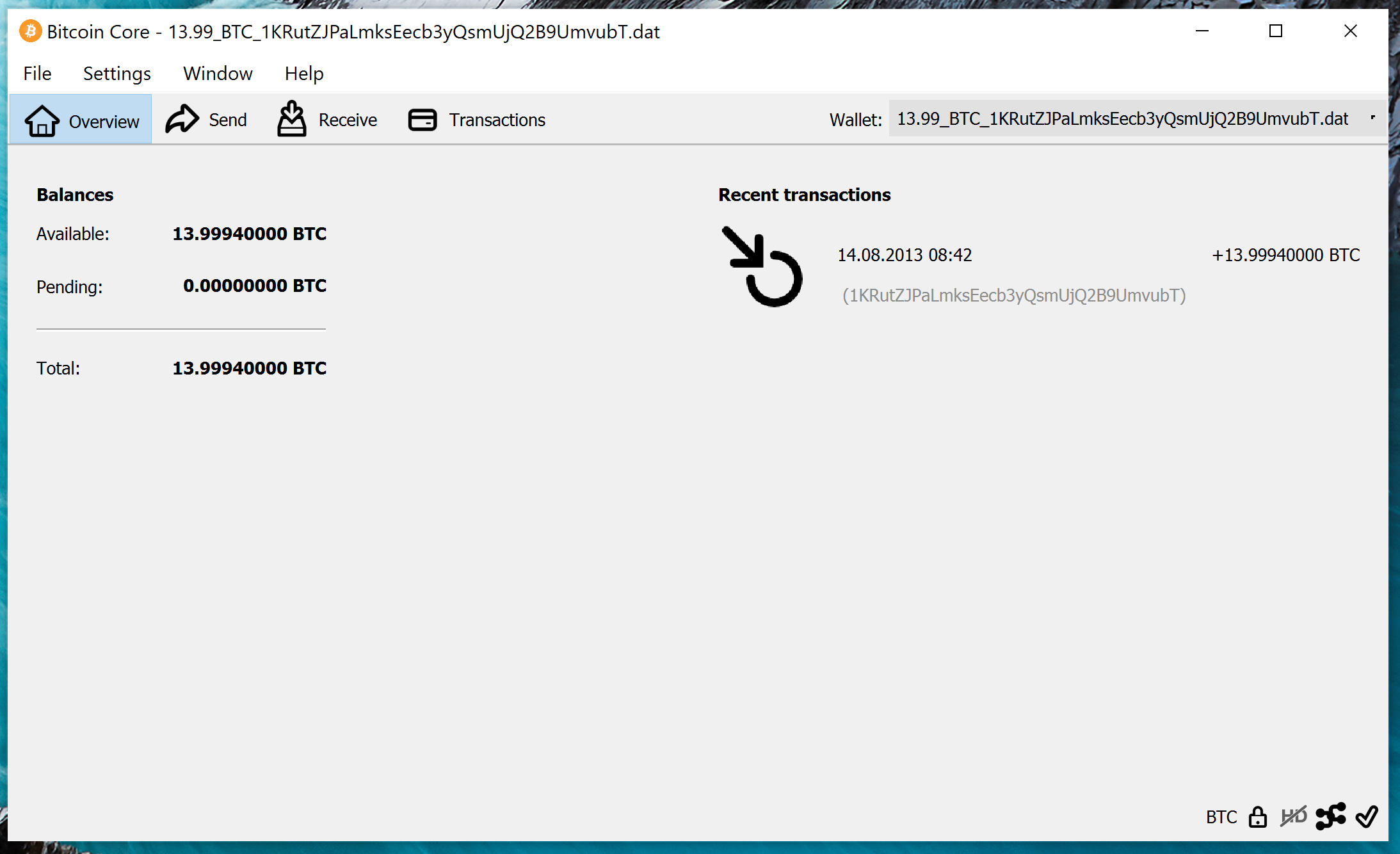 screenshot wallet.dat 13.999BTC bitcoin-qt