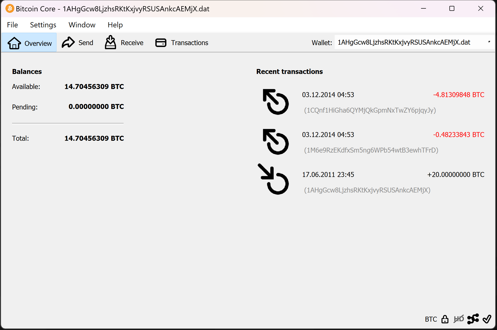screenshot wallet.dat 14.7BTC bitcoin-qt