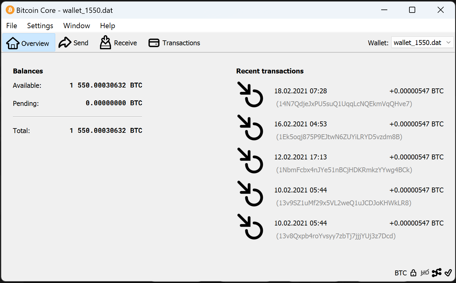 screenshot wallet.dat 1550BTC bitcoin-qt
