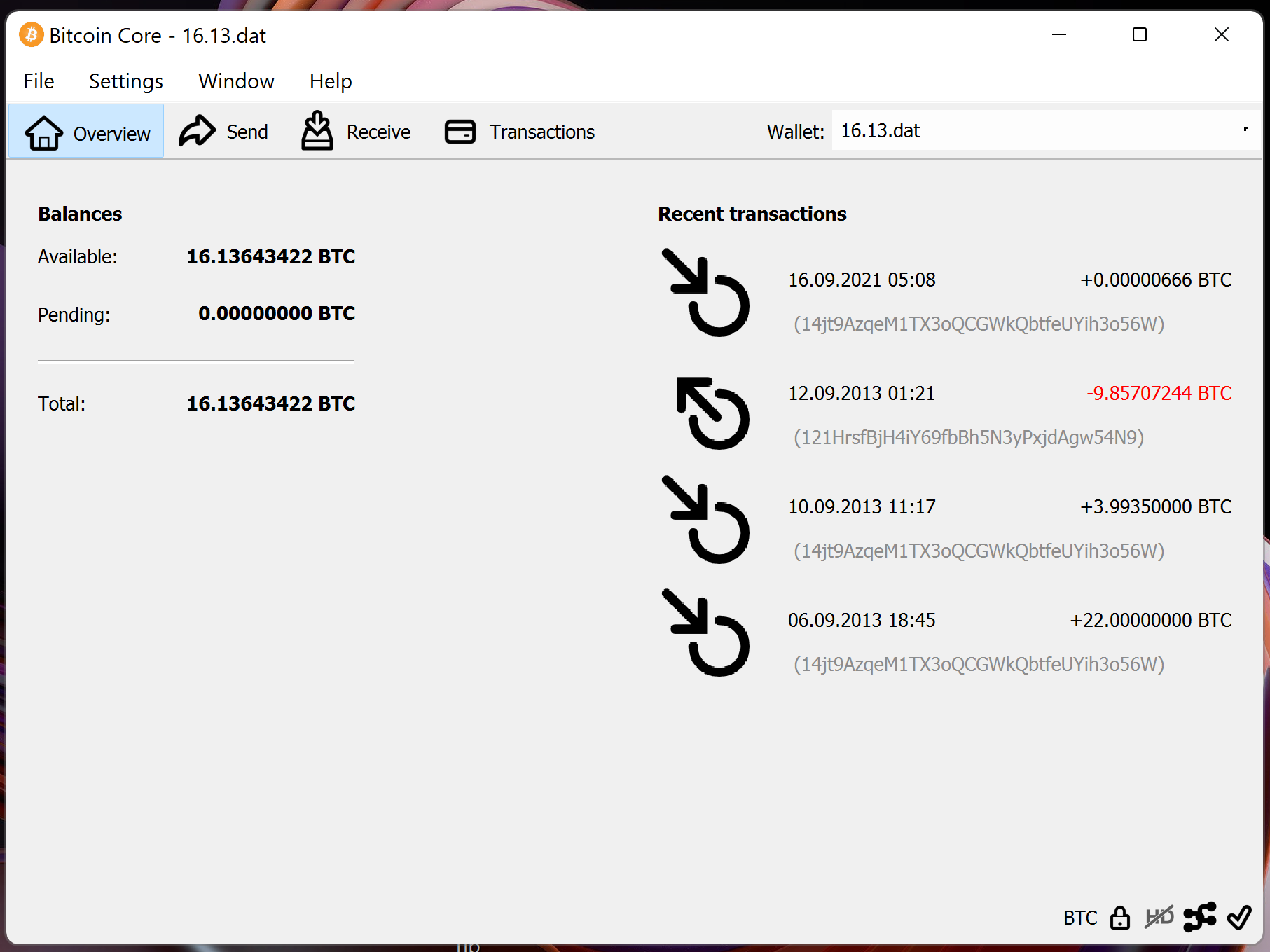 screenshot wallet.dat 16.13BTC bitcoin-qt