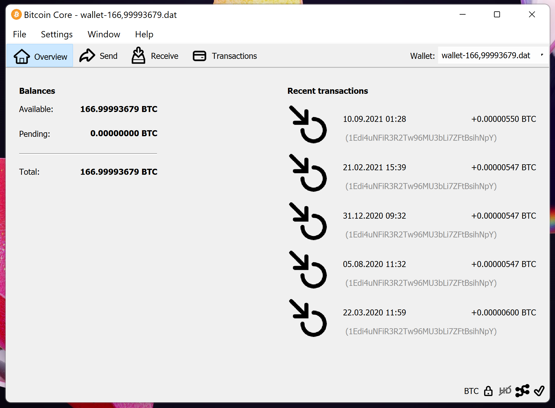screenshot wallet.dat 166.99BTC bitcoin-qt