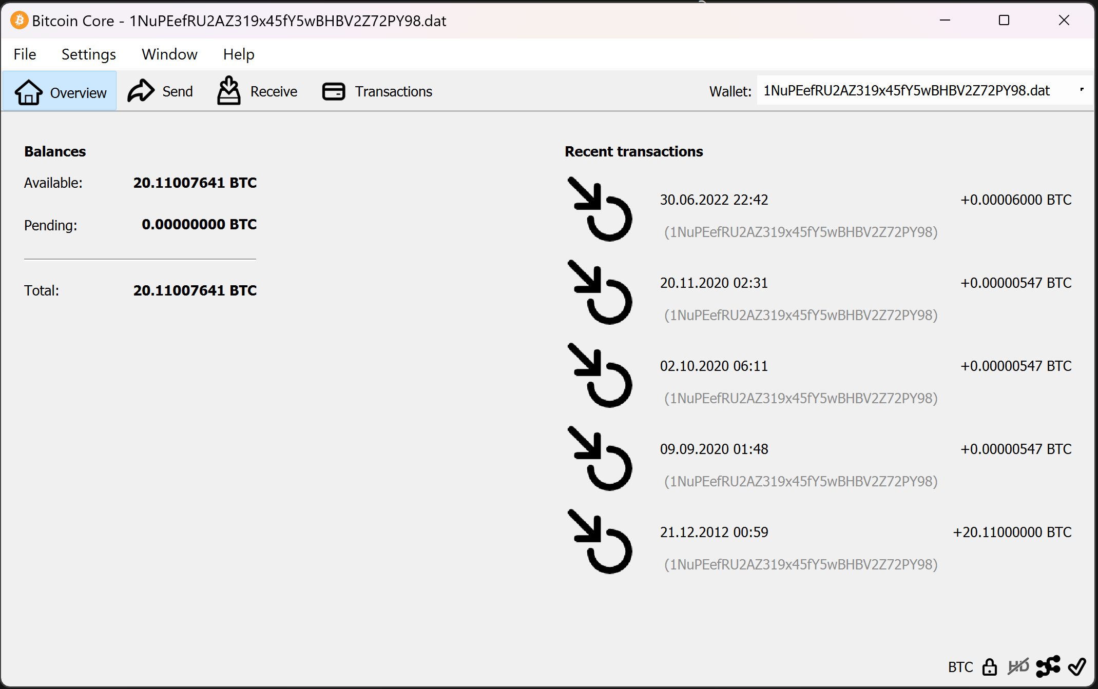 screenshot wallet.dat 20.11BTC bitcoin-qt