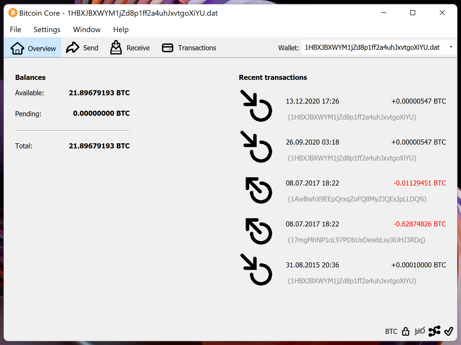 screenshot wallet.dat 21.89BTC bitcoin-qt