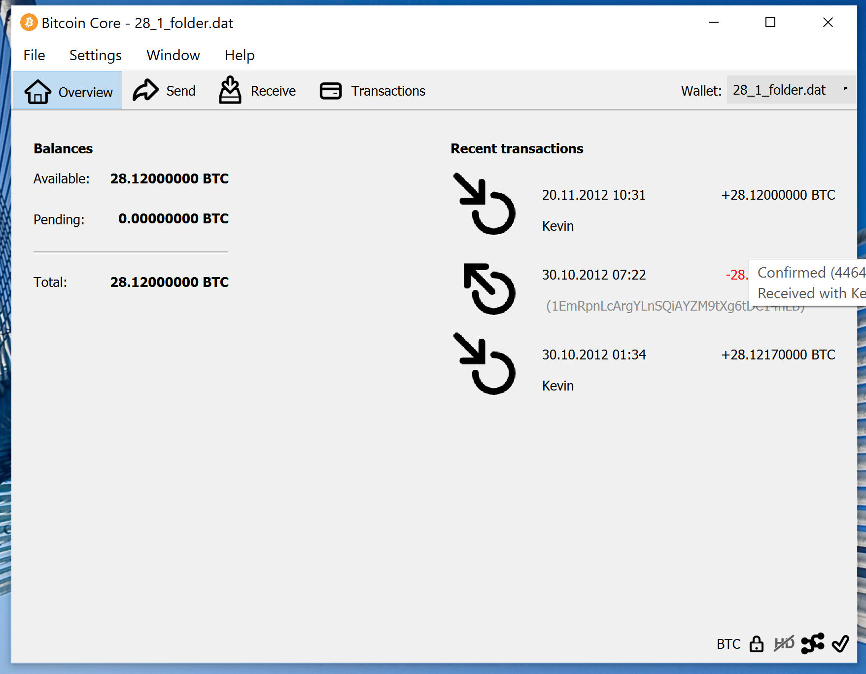screenshot wallet.dat 28.12BTC bitcoin-qt