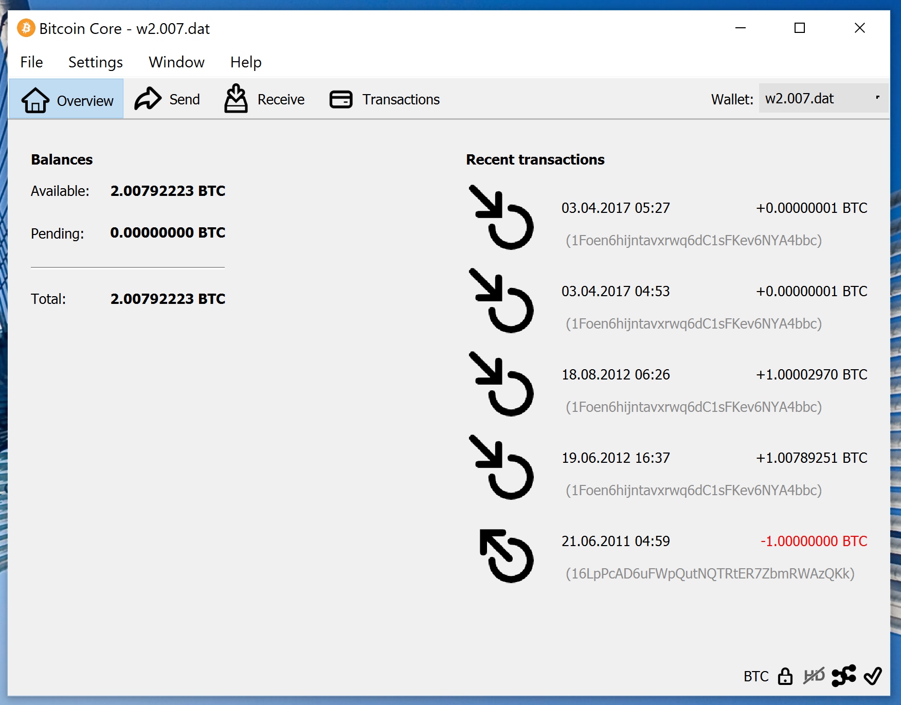 screenshot wallet.dat 2.007BTC bitcoin-qt