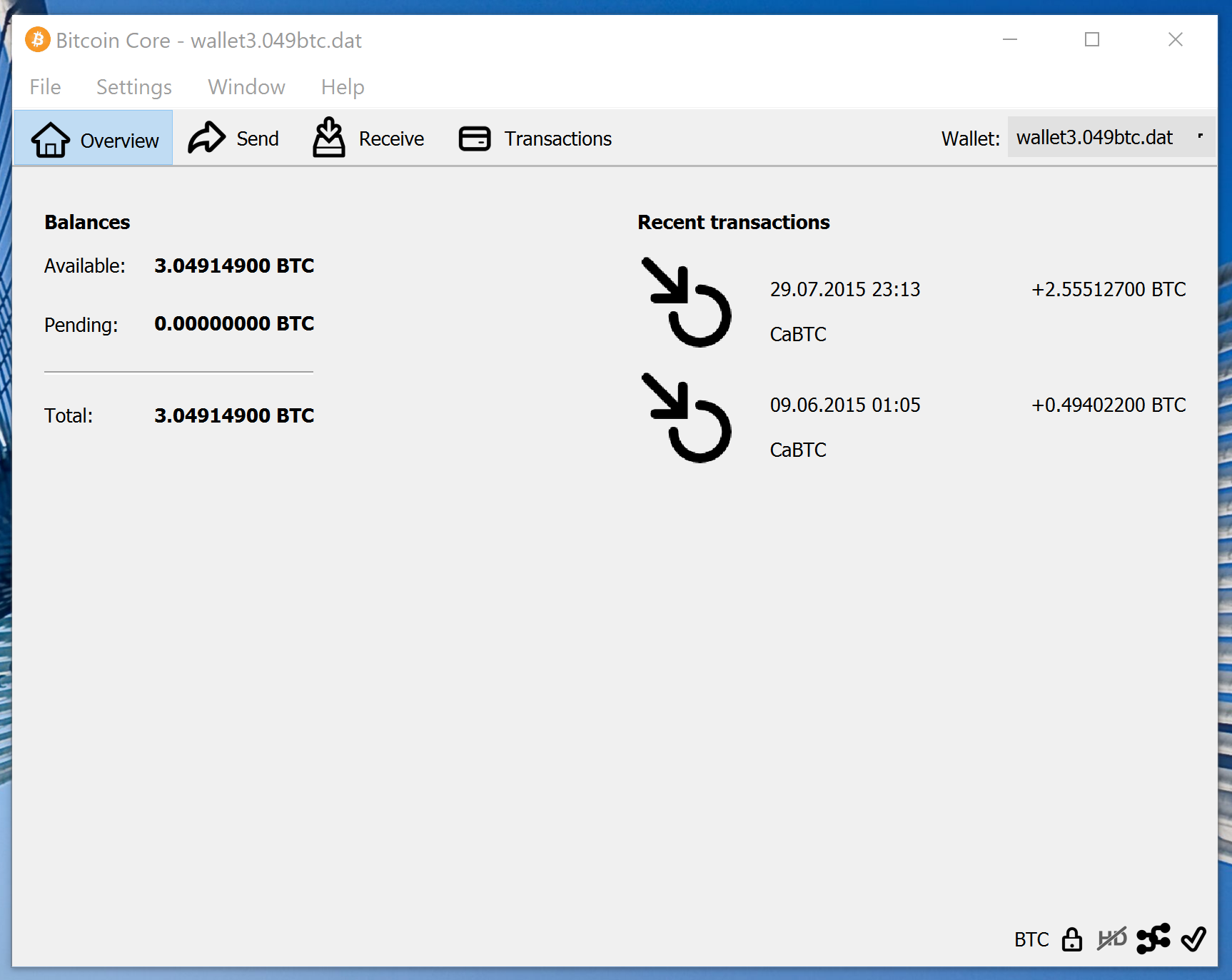screenshot wallet.dat 3.049BTC bitcoin-qt