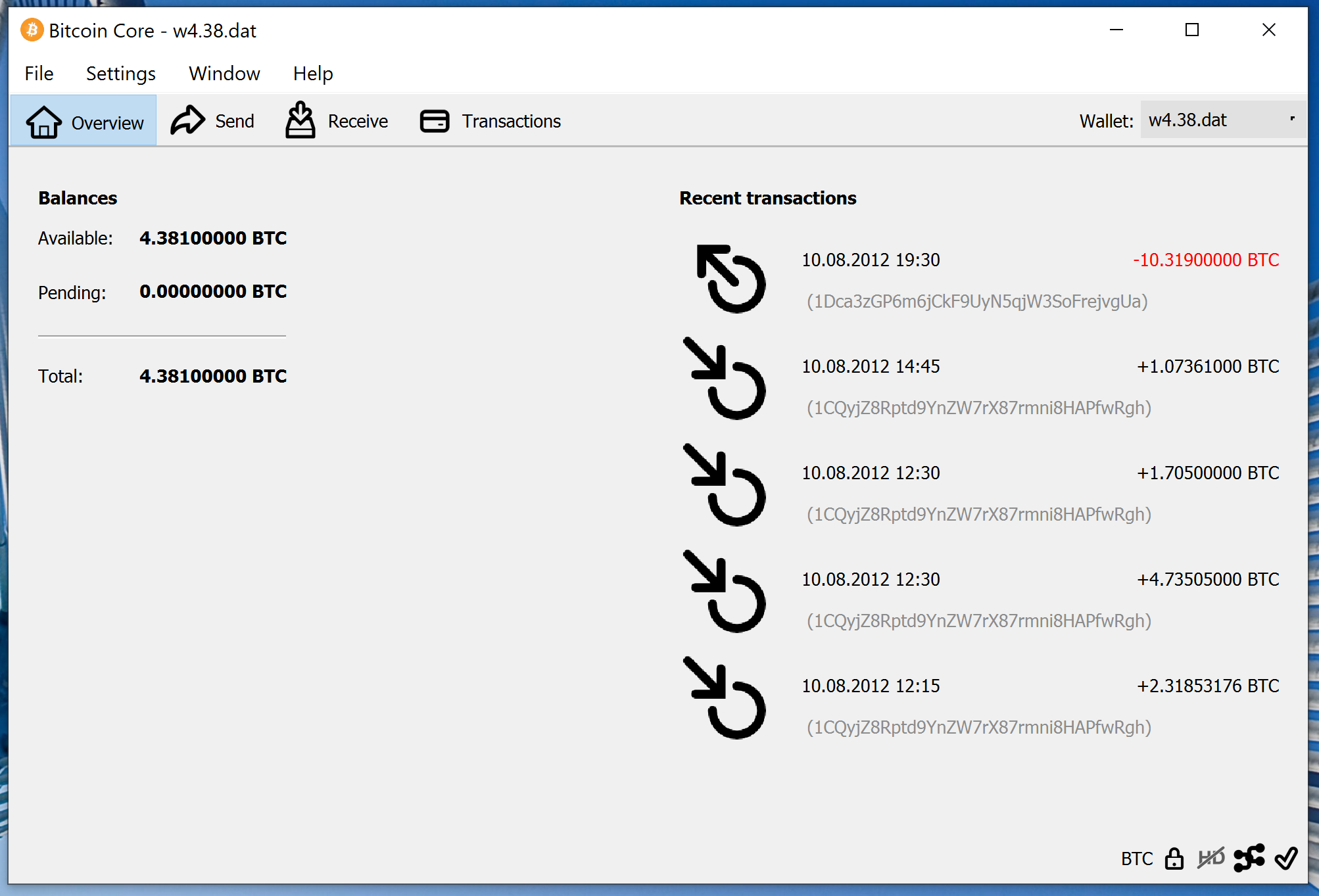 screenshot wallet.dat 4.38BTC bitcoin-qt
