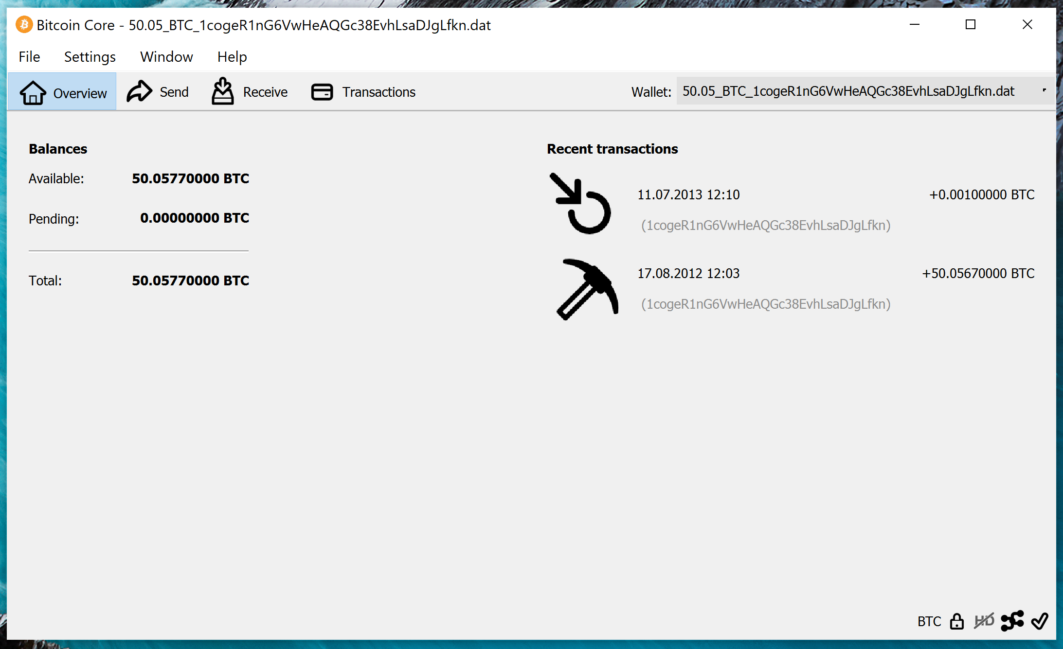 screenshot wallet.dat 50.0577BTC bitcoin-qt