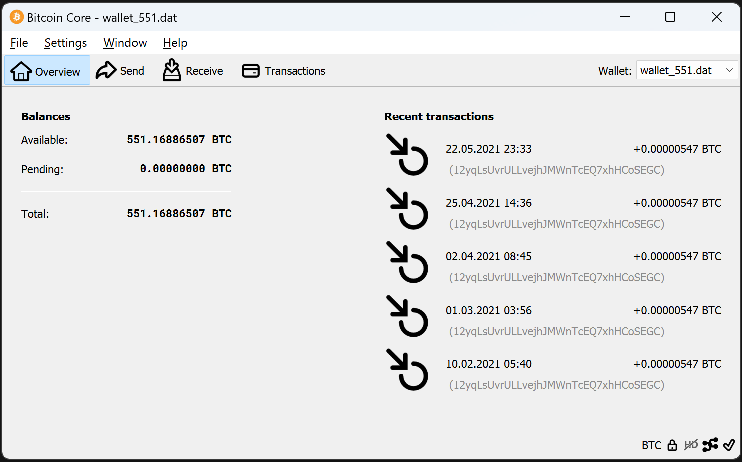 screenshot wallet.dat 551BTC bitcoin-qt