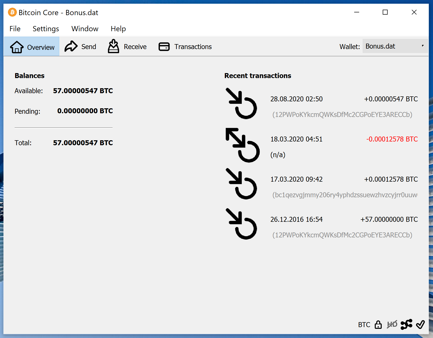screenshot wallet.dat 57BTC bitcoin-qt