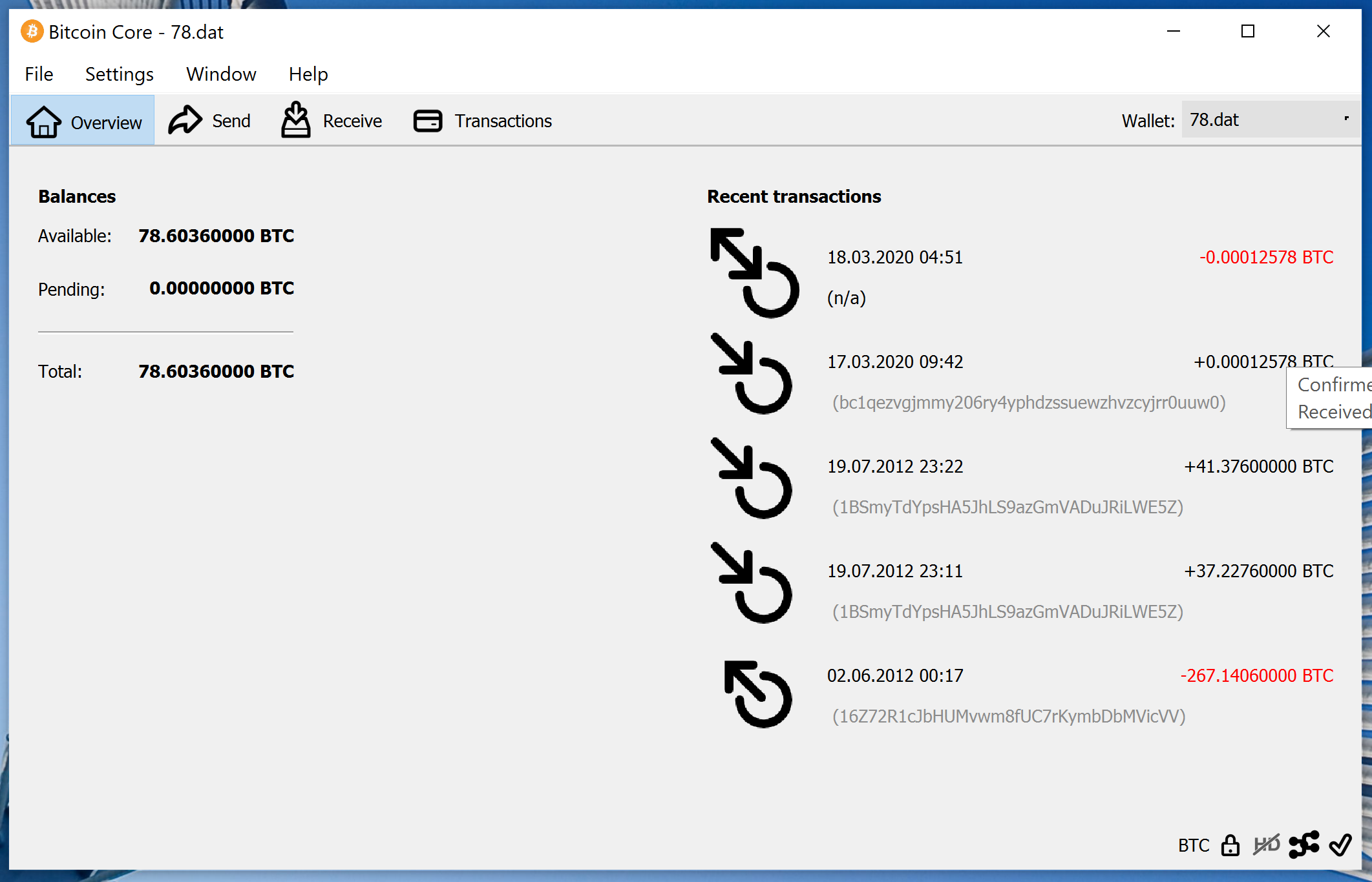 screenshot wallet.dat 78.6BTC bitcoin-qt